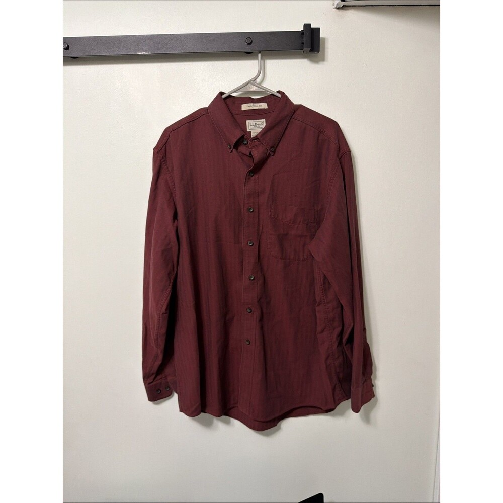 LL Bean Maroon Button Down Heavy Shirt Mens Size L  100% Cotton Striped Top